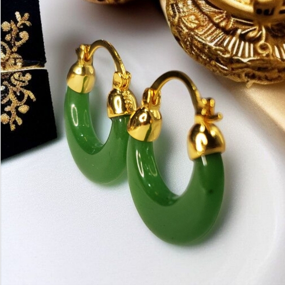18k Gold Plated Green Jasper Hoop Earrings - Picture 2 of 5